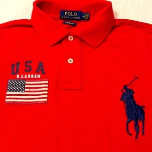 *POLO* Ralph Lauren Shirt Big Pony USA Flag Patch Collared Shirt